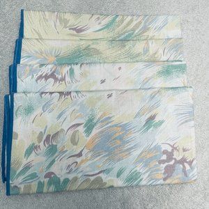 NWOT S/4 Pastel Cloth Napkins, Blue Trim, Cotton, Abstract Floral, 18.5" Square